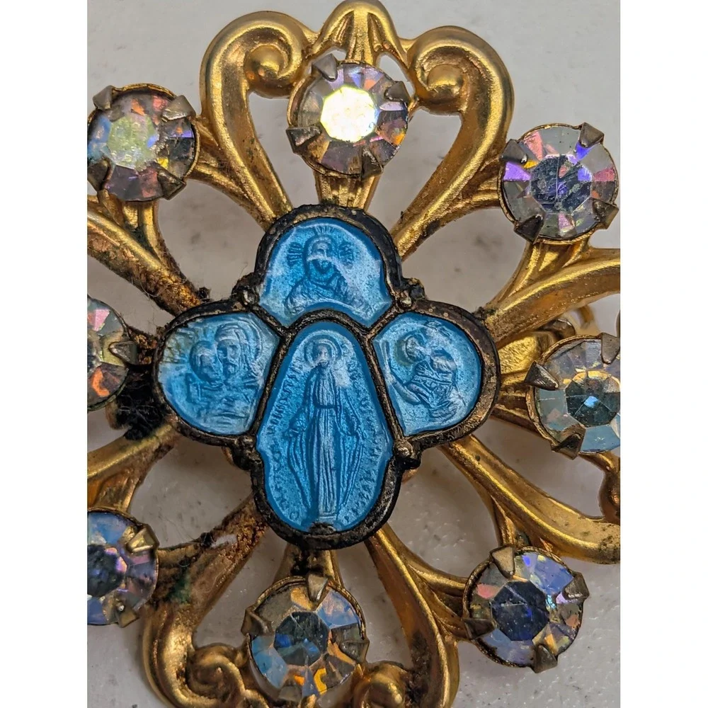 Vintage Religious Brooch Gold Tone Blue Enamel Aurora Borealis Rhinestone Pin